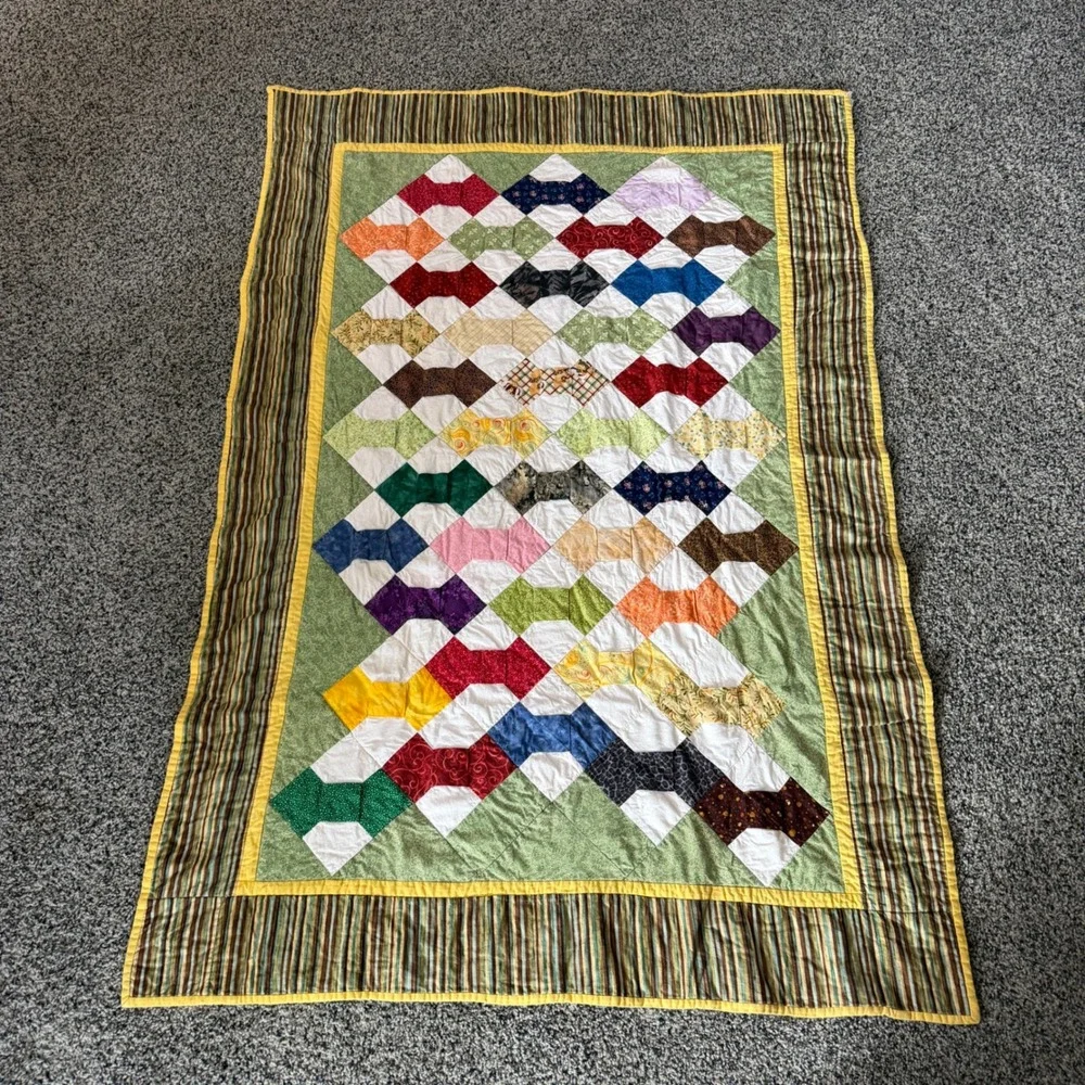 Handmade‎ Patchwork Bow Tie Quilt Multi Color Scrappy Cotton Throw Blanket
